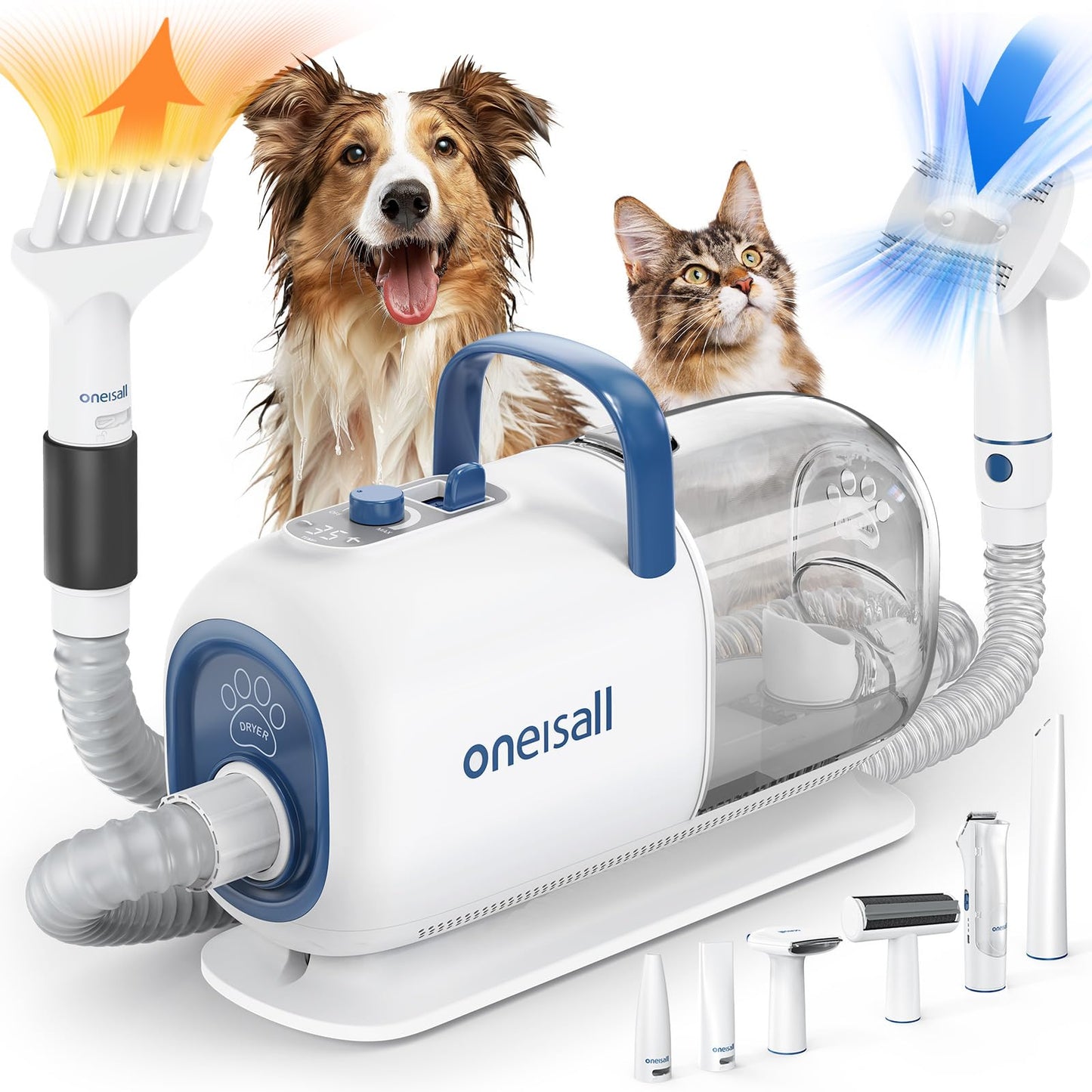 oneisall dog grooming clipper with vacuum dryer, 2.5L dust bin, 7 levels of blowing temperature, quiet clipper for dogs and cats, suction power 15000Pa, professional pet grooming kit with 8 grooming tools
