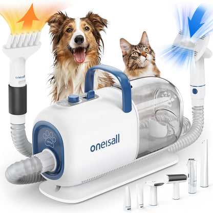 oneisall dog grooming clipper with vacuum dryer, 2.5L dust bin, 7 levels of blowing temperature, quiet clipper for dogs and cats, suction power 15000Pa, professional pet grooming kit with 8 grooming tools