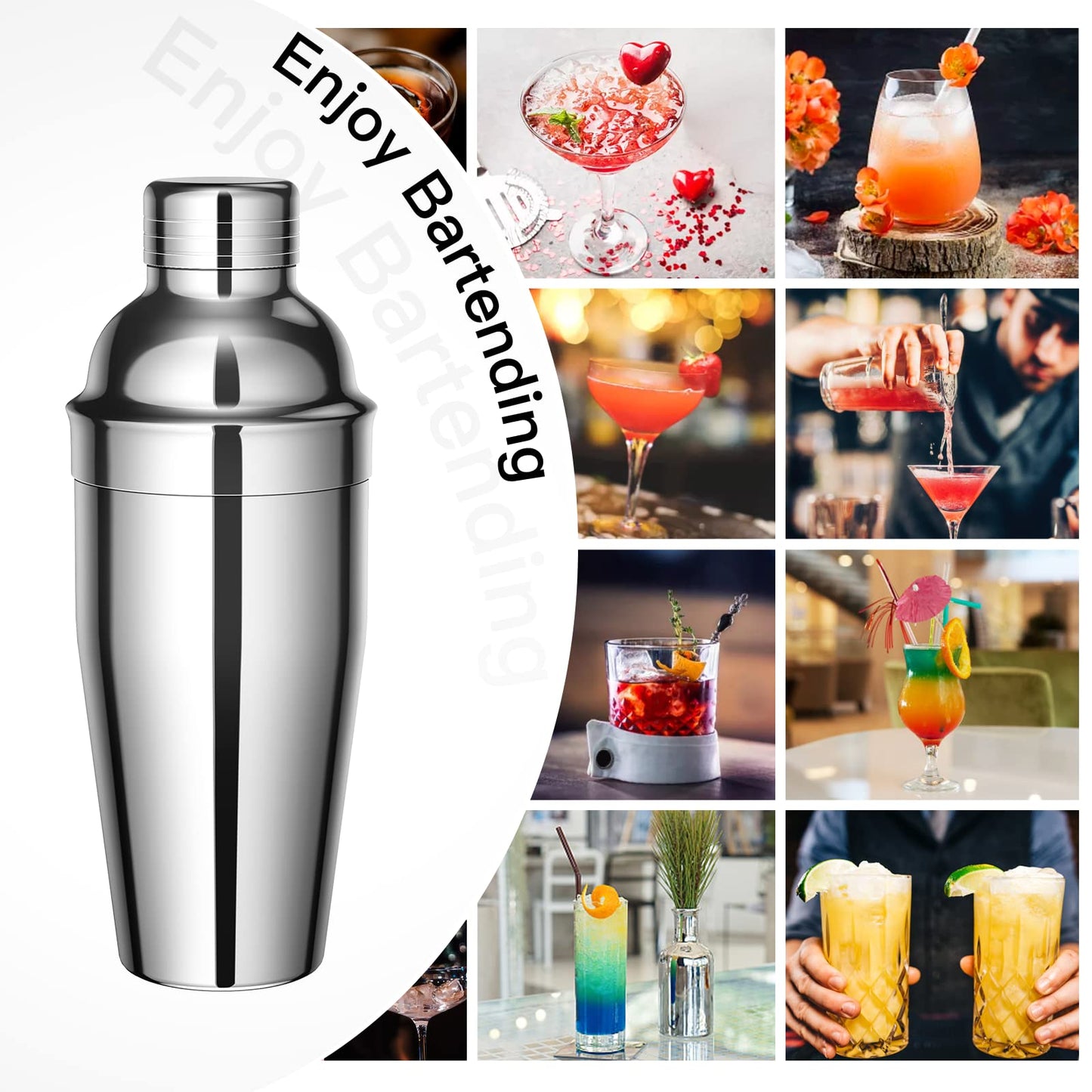 Sosayet Cocktail Shaker Set, 10-piece Stainless Steel Cocktail Set with accessories & recipe cards, 750mL Bartender Set for beginners & professionals - Gift for Men.
