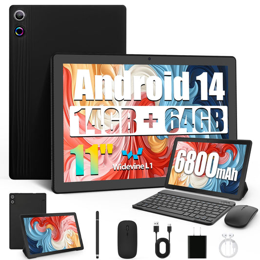2025 Newest 11 inch Android Tablet with Octa-Core CPU, 14GB RAM+64GB ROM (expandable to 1TB), 6800mAh battery, Widevine L1, WiFi 6, Bluetooth 5.0, Type-C port, includes keyboard and mouse - Black