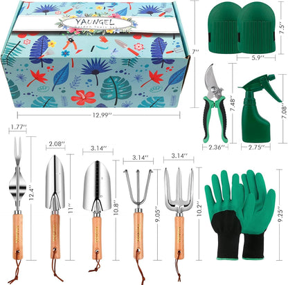 YAUNGEL Garden Tool Set, 10 Piece Heavy Duty Stainless Steel Gardening Kit with Non-Slip Wooden Handle- Garden Gifts Packaging for Women Men, Green