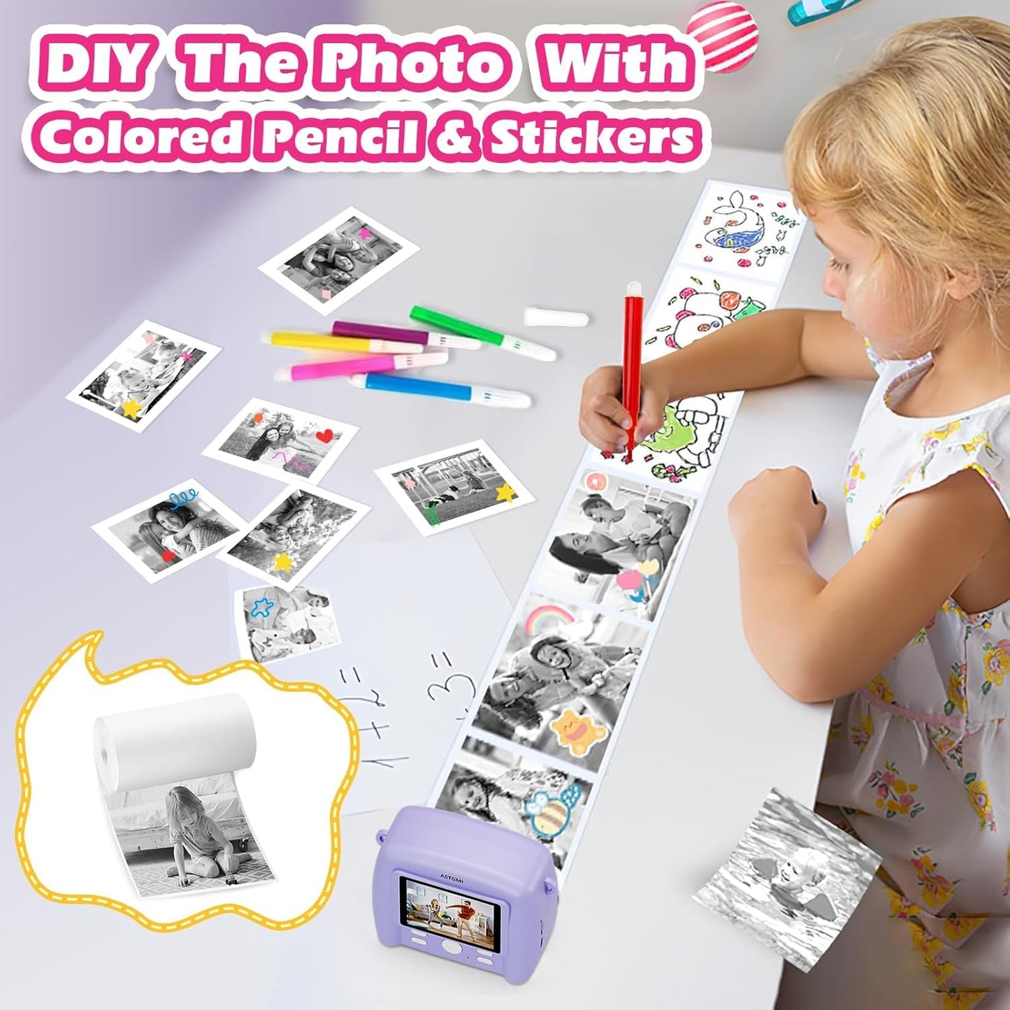 Instant Camera for Kids, Kids Camera Compact Cameras 1080P HD Instant Printing of Photos, Birthday Gift Christmas Gift Toy for 3 4 5 6 7 8 9 10 11 Year Old Girls Boys 3 Rolls of Photo Paper