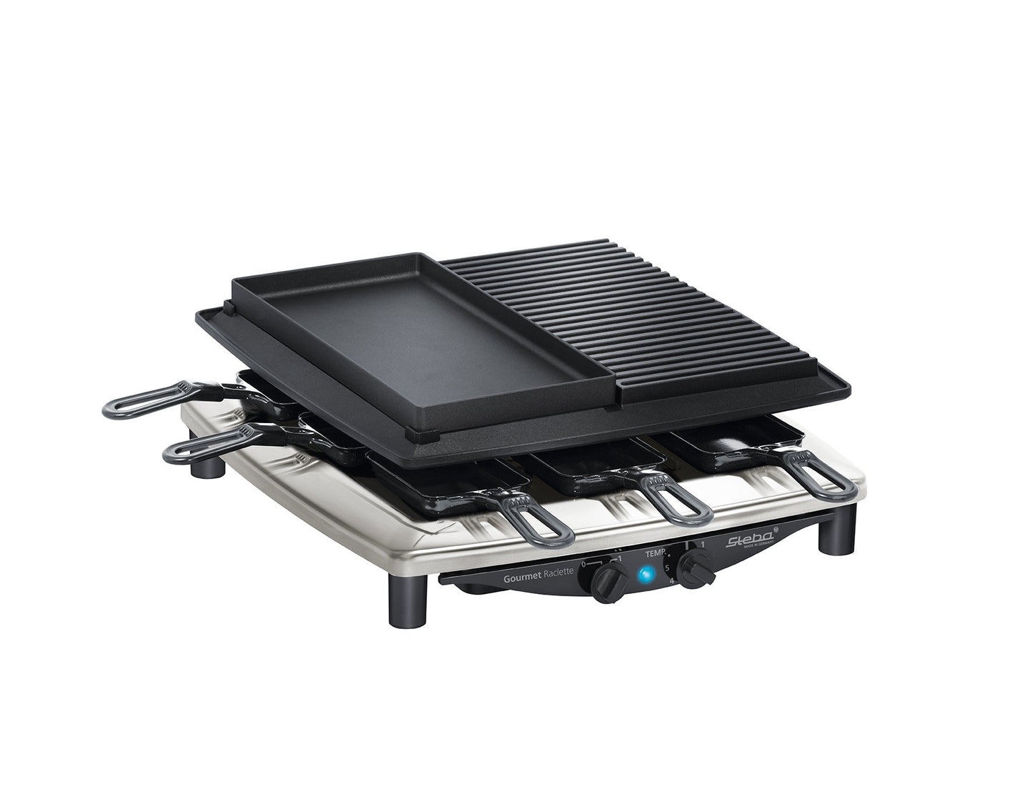 Steba Premium Raclette RC 4 Plus Deluxe Chrome | Made IN Germany | Non-stick die-cast grill plate | Natural stone grill plate, cut and scratch resistant | Includes reversible cast pan with smooth surface.