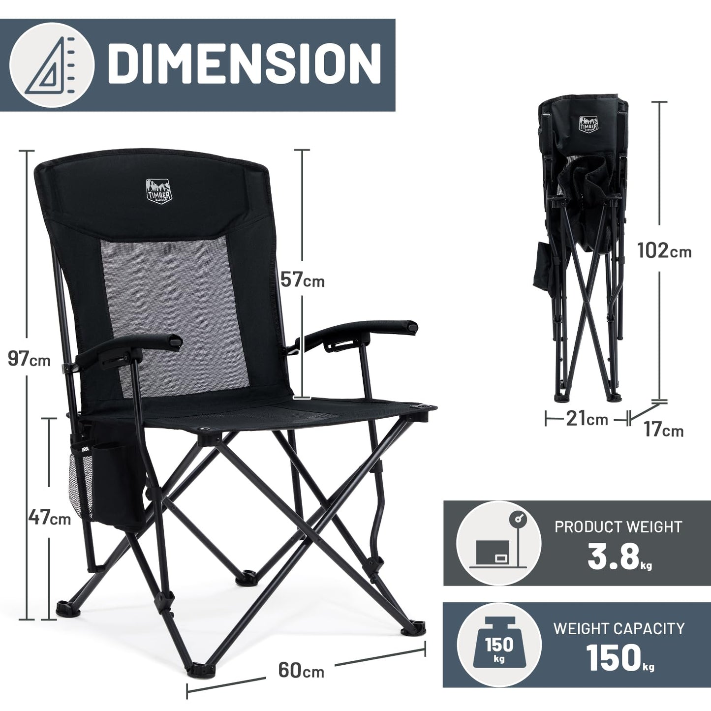 TIMBER RIDGE Folding Camping Chair Lightweight Portable Chair 150kg Capacity High Back and Mesh Back Outdoor Comfortable, Portable Beach Chair for Festival, Fishing, Garden, Picnic, Dining Area