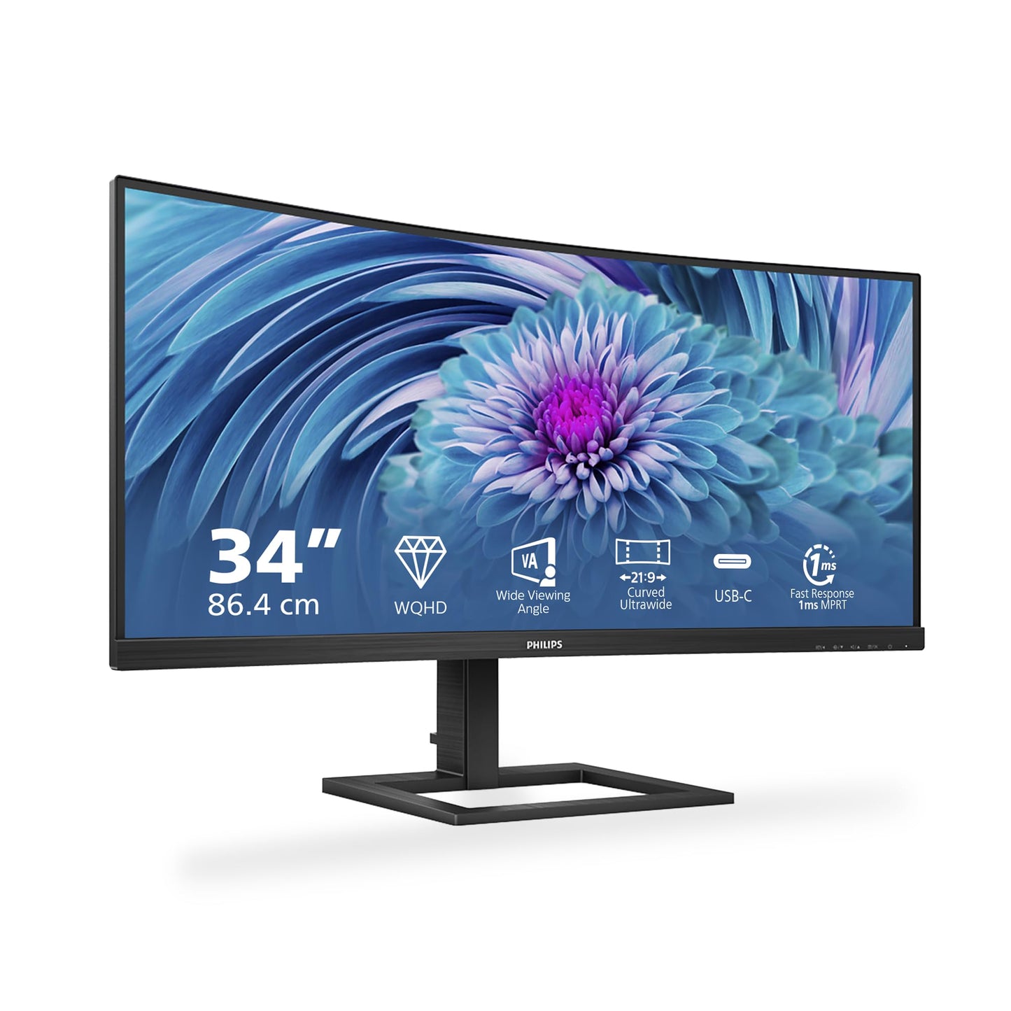 Philips 346E2CUAE - 34-inch WQHD Curved USB-C Docking Monitor (3440x1440, 75Hz, HDMI, DisplayPort, USB-C) black