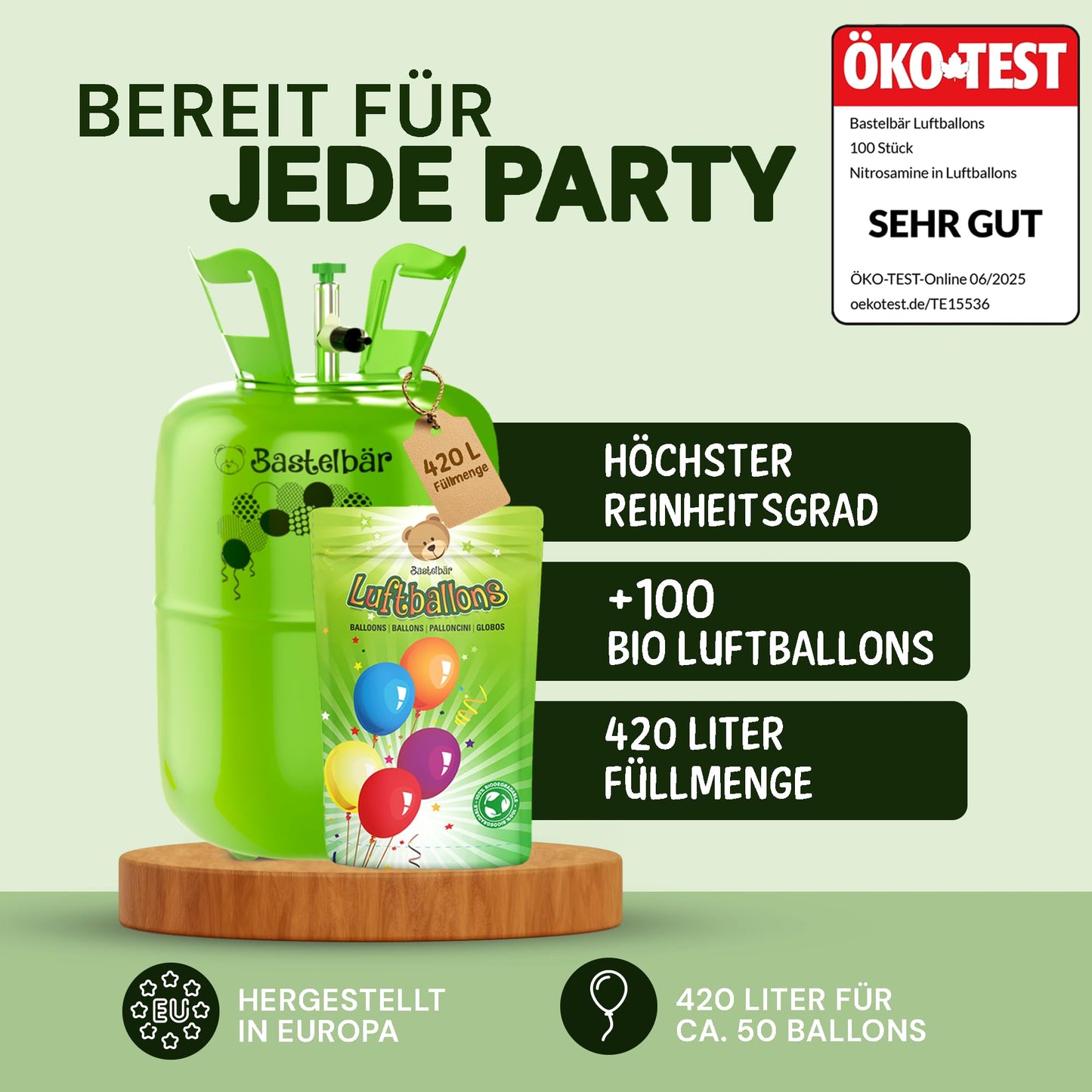Helium gas cylinder + 100 balloons ECO-TEST "VERY GOOD" • guaranteed 420l balloon gas ✓ for approx. 50 balloons ✓ MADE IN EU ✓ Helium Balloon Gas • practical filling system for parties, weddings, birthdays.
