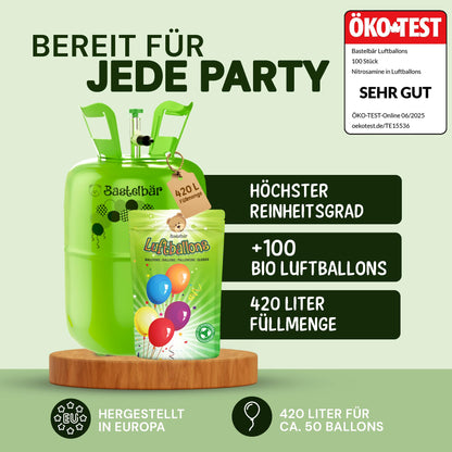 Helium gas cylinder + 100 balloons ECO-TEST "VERY GOOD" • guaranteed 420l balloon gas ✓ for approx. 50 balloons ✓ MADE IN EU ✓ Helium Balloon Gas • practical filling system for parties, weddings, birthdays.