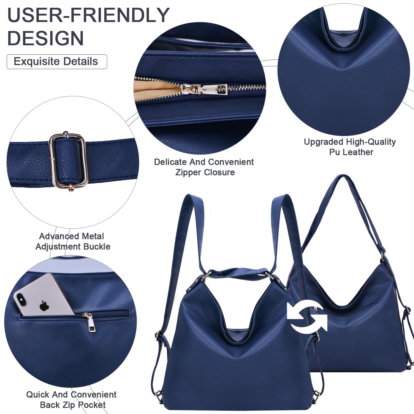 ARNTY Backpack Women, Handbag Backpack Bag 2 in 1 Women, Elegant Women's Backpack, Shoulder Bag Women for Work, Travel, Outing (Blue)