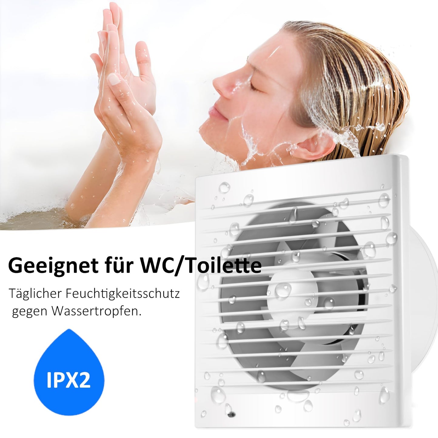 Moonjor 150mm exhaust fan for kitchen, 320m³/h IPX2 fan waterproof bathroom extractor with backdraft damper, 1m EU power cord for kitchen, bathroom, greenhouse, garage.