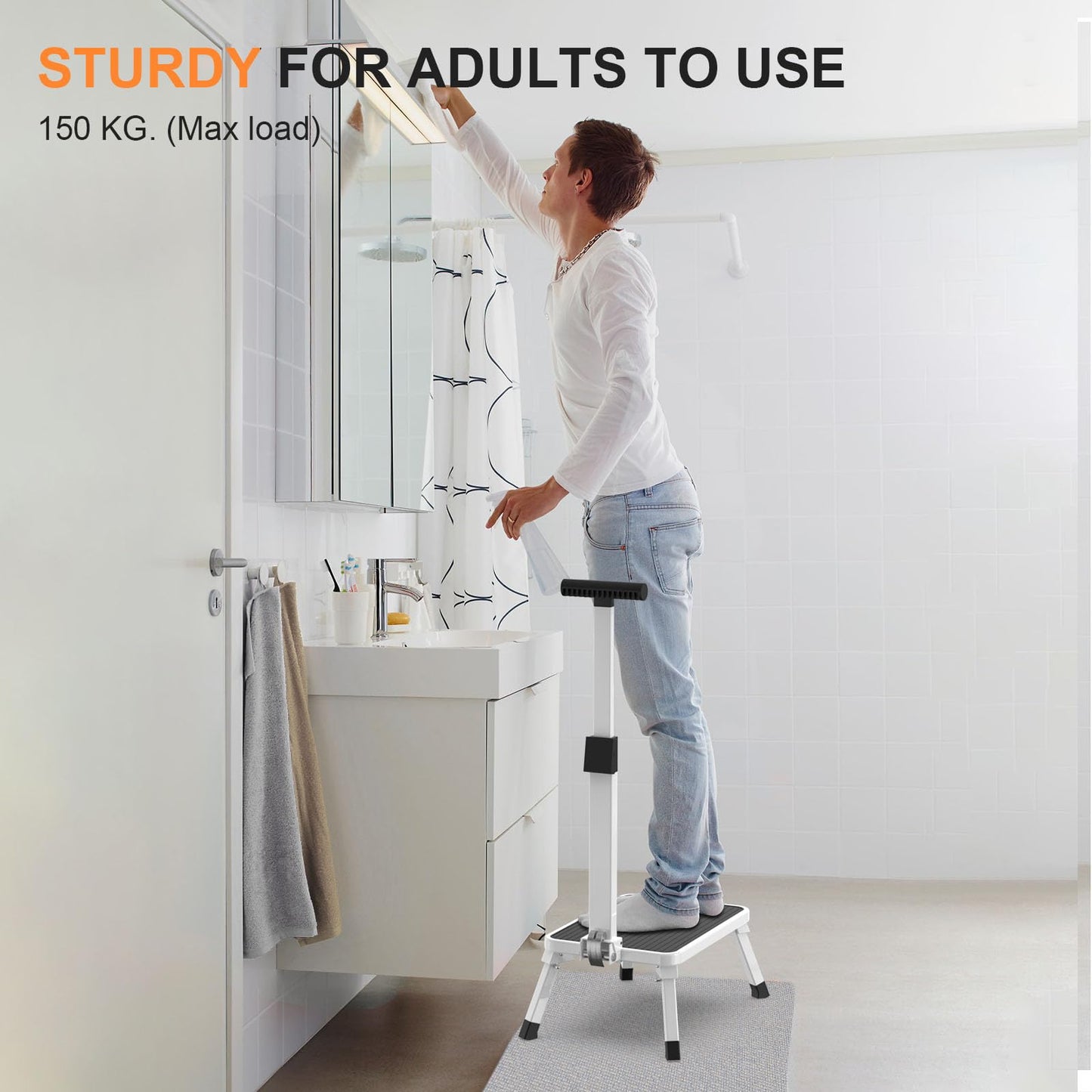 Xtsuen step stool with handle, folding step ladder, one-step ladder with non-slip tread for adults, elderly, and children in kitchen, bathroom, and house, up to 150 kg capacity.