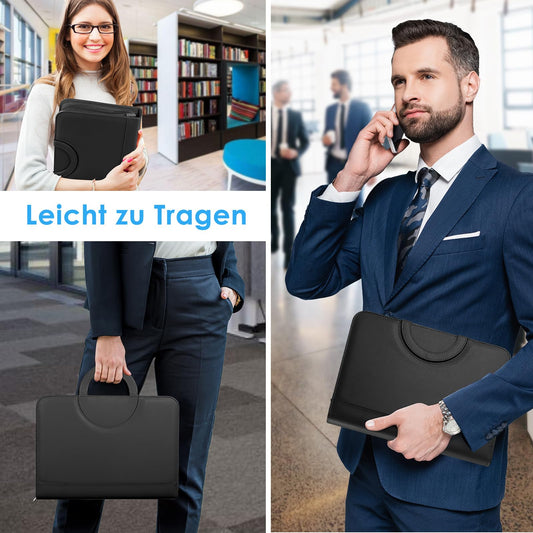 A4 writing case, A4 conference folder with phone holder, leather document folder with zipper, waterproof file folder with ring binder clipboard notepad, portfolio folder for business meeting, black.