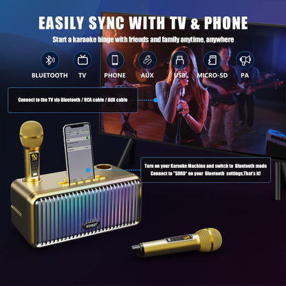 Karaoke machine for adults and kids, portable Bluetooth speakers with 2 UHF wireless microphones Karaoke speaker PA system with colorful gradient LED lights for home parties - Gold