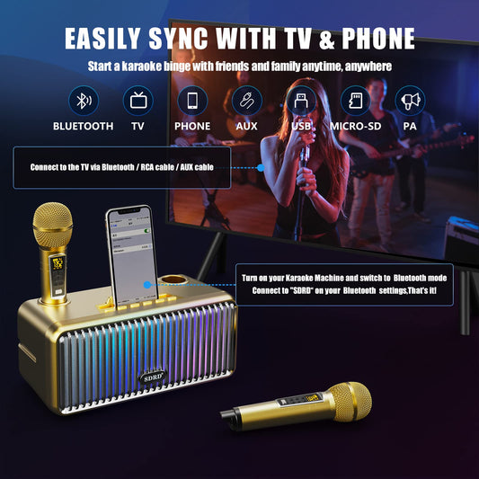 Karaoke machine for adults and kids, portable Bluetooth speakers with 2 UHF wireless microphones Karaoke speaker PA system with colorful gradient LED lights for home parties - Gold