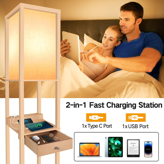 OUTON LED Floor Lamp Shelf with Drawer, 3 Color Temperatures, 1H Timer, Floor Lamp with 2 USB Ports, Floor Lamps for Living Room, Bedroom, Office (Wood)