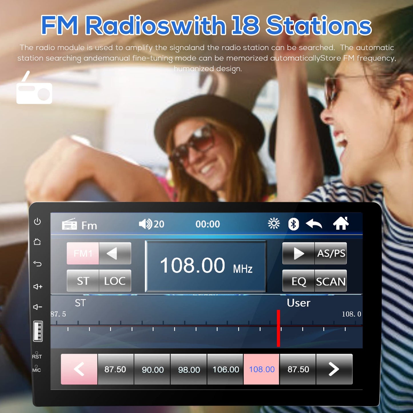 Car stereo 1 Din with Bluetooth hands-free calling IOS/Android Mirror Link 9 inch touchscreen, with Bluetooth FM Radio USB/AUX/TF/EQ/7 Colors Light Steering wheel control + Rearview camera Microphone