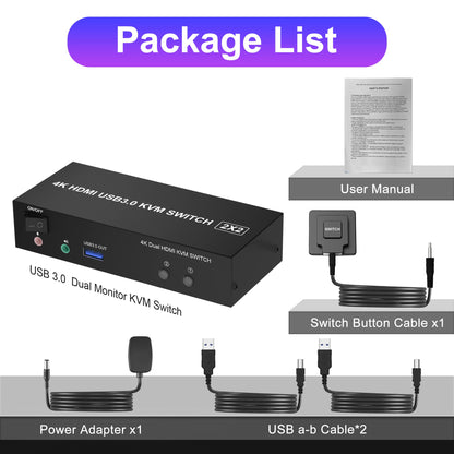 KVM Switch 2 PC 2 Monitors USB 3.0, 4K@60Hz HDMI KVM Switch 2 PC 2 Monitors with audio microphone output and 3 USB 3.0 Ports, PC Monitor Keyboard Mouse Switcher