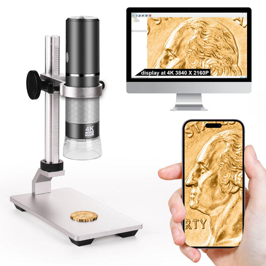 Ninyoon 4K WiFi microscope with professional stand for iPhone, Android, PC. 50-1000X digital USB microscope wireless HD camera for all mobile phones, iPad, Android tablet, Windows, Mac, Chrome, Linux.
