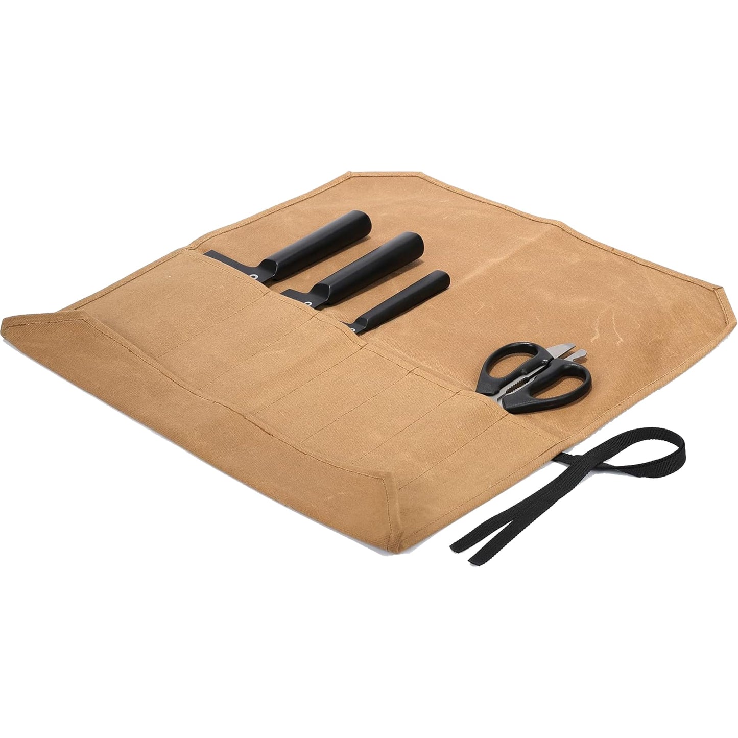 Professional chef knife roll, kitchen knife storage bag, waxed canvas, multi-purpose tool roll with 7 slots, khaki color.