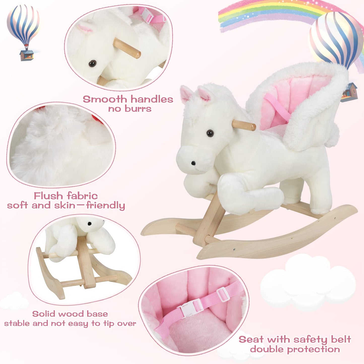 WOLTU Baby Rocking Horse Rocking Animal Rocking Seat Plush Rocking Toy with Strap, PP Cotton, White+Pink