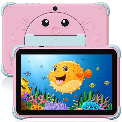 10-inch Android children's tablet with WiFi, dual camera, IPS display, quad-core processor, and 32GB storage. Suitable for kids aged 3-14, with a child-proof case.