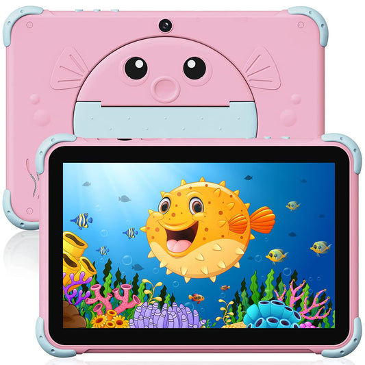 10-inch Android children's tablet with WiFi, dual camera, IPS display, quad-core processor, and 32GB storage. Suitable for kids aged 3-14, with a child-proof case.