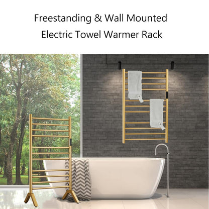 DUDYP Electric Towel Warmer Gold, Freestanding and Wall Mounted Heated Towel Rack Towel Dryer with Timer and LED Display, 11 Bar Plug-in 304 Stainless Steel Towel Heater