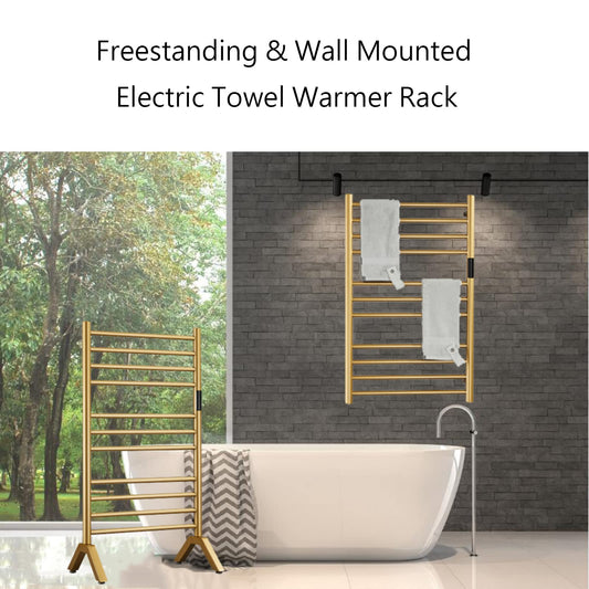 DUDYP Electric Towel Warmer Gold, Freestanding and Wall Mounted Heated Towel Rack Towel Dryer with Timer and LED Display, 11 Bar Plug-in 304 Stainless Steel Towel Heater