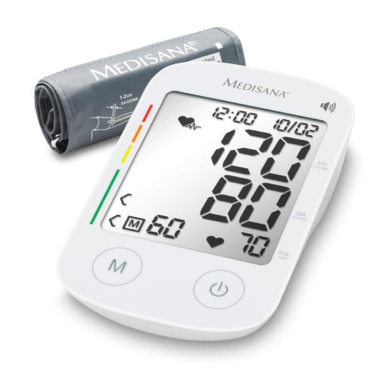 medisana BU 535 Voice upper arm blood pressure monitor with voice output, blood pressure and pulse measurement with memory function, traffic light scale, blood pressure cuff with detection of an irregular heartbeat.