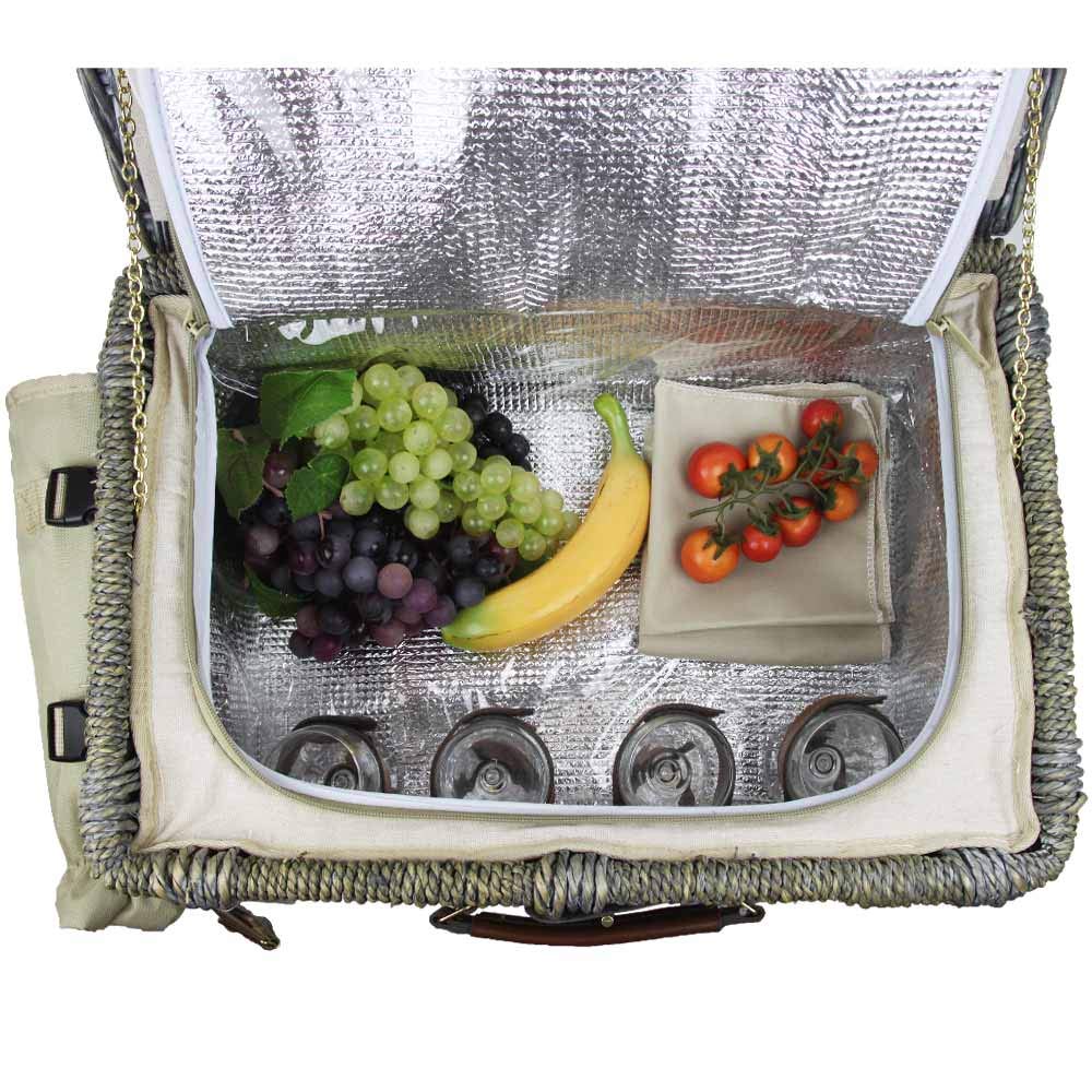 Les Jardins de la Comtesse - Angers Willow Picnic Basket - Complete for 4 People - Cooler Compartment - Ceramic Plates and Wine Glasses/Bottle Holder - Cream Fabric - 46 x 31 x 22 cm