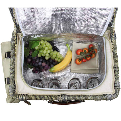 Les Jardins de la Comtesse - Angers Willow Picnic Basket - Complete for 4 People - Cooler Compartment - Ceramic Plates and Wine Glasses/Bottle Holder - Cream Fabric - 46 x 31 x 22 cm