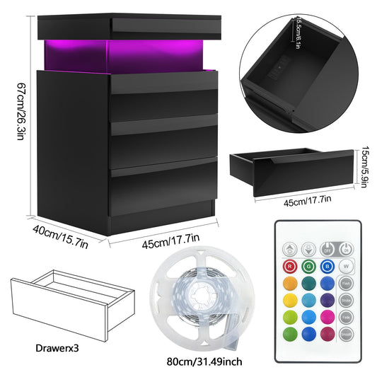 Lvhcmfohm nightstand with outlet, bedside table with LED light, nightstand with 3 drawers and hidden sliding cabinets for living room, bedroom (Black, 45x40x67cm)