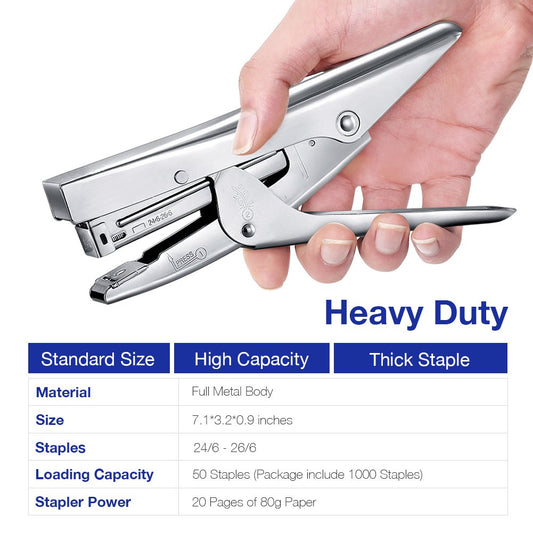 Metal stapler with 1000 staples and staple remover. 20 sheet capacity. Full office-size stapler.