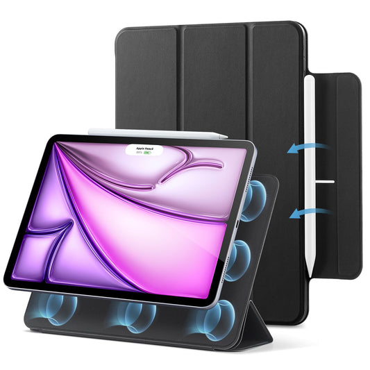 ESR iPad Air 13 Inch M3/M2 (2025/2024) Case and iPad Pro 12.9 (2022/2021/2020) Case with magnet attachment, slim triple-fold stand cover, supports Pencil Pro/USB-C, Rebound series, Black.