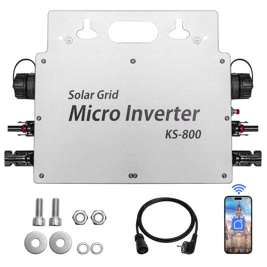 800w inverter  - IP65 waterproof inverter - Solar inverter with WLAN app for 2 solar panels for balcony power plant, 190-270V AC balcony power plant inverter, Silver