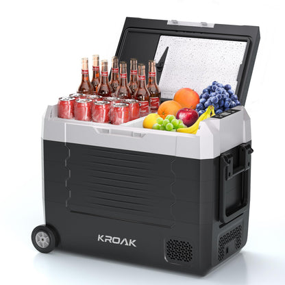 KROAK 55L Portable Compressor Cooler with Cutting Board, Electric Car Cooler Dual-Zone (-20°C to +20°C), 12V/24V/230V, Wheels & Divider - for Camping, Car, Truck, RV