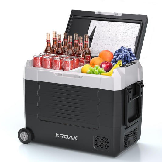 KROAK 55L Portable Compressor Cooler with Cutting Board, Electric Car Cooler Dual-Zone (-20°C to +20°C), 12V/24V/230V, Wheels & Divider - for Camping, Car, Truck, RV