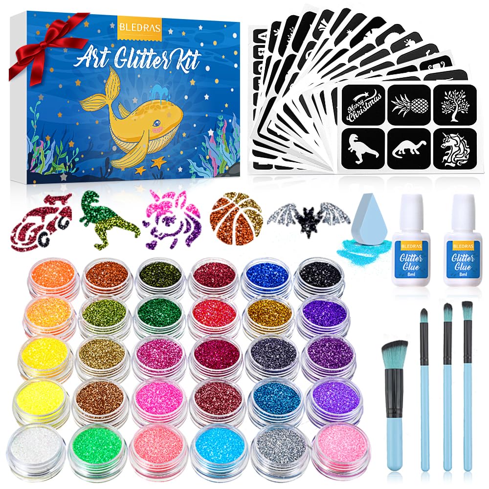Bledra's Glitter Tattoo Set for Kids, 30 glitter colors, 147 stencils, 4 brushes, 2 glue, ideal gifts for children aged 3 to 12, beautifully packaged (Boy)