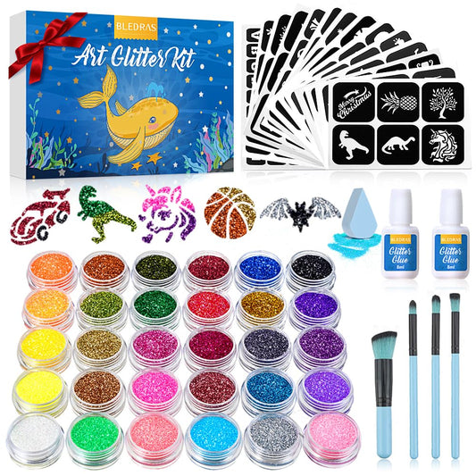 Bledra's Glitter Tattoo Set for Kids, 30 glitter colors, 147 stencils, 4 brushes, 2 glue, ideal gifts for children aged 3 to 12, beautifully packaged (Boy)