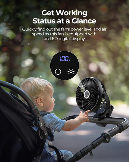 Koonie 20cm Portable Mini Clip Fan, USB Desk Fan with 10000mAh Battery, Light, Digital Display, 3 Speeds, Rechargeable Desk Fan for Home, Office, Stroller, Camping