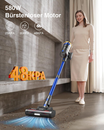 Cordless vacuum cleaner 45000Pa/550W/65min, 1.6L with display, anti-tangle brush, self-standing, wall charging station, 8-layer filtration, ultra quiet, for pet hair/carpets/hard floors/car.