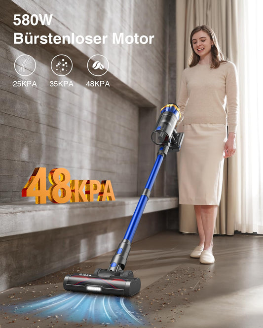 Cordless vacuum cleaner 45000Pa/550W/65min, 1.6L with display, anti-tangle brush, self-standing, wall charging station, 8-layer filtration, ultra quiet, for pet hair/carpets/hard floors/car.