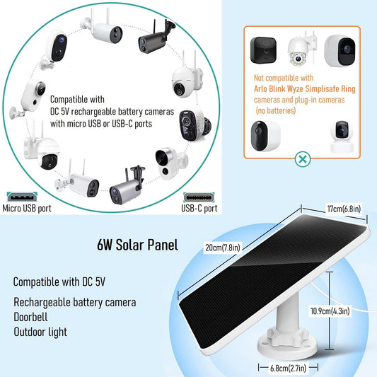 Solar panel for surveillance camera, 6W solar module for security camera, outdoor camera, doorbell and outdoor lighting with USB and USB-C connection, IP65 3m cable, 360° adjustable bracket (2 pack)