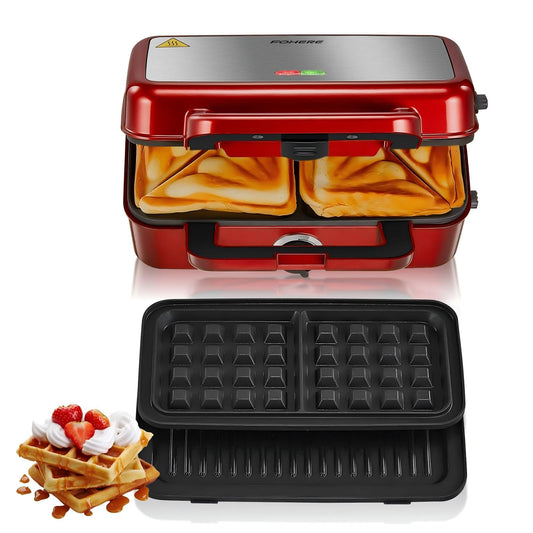 3 in 1 sandwich maker, 1200W waffle iron/contact grill/sandwich toaster, 5-level temperature control, non-stick plates, heat-insulated handle, dishwasher safe, LED lights, red.