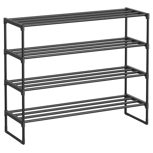 SONGMICS 4-tier shoe rack, made of metal, shoe storage, shoe organizer, can be used vertically or horizontally, holds 20-25 pairs of shoes, stackable, for hallway, 30 x 92 x 75 cm, black LSA14BK