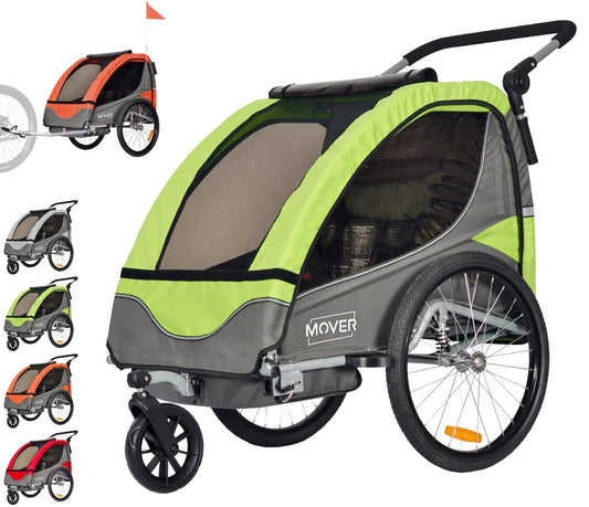 PAPILIOSHOP Mover bike trailer for kids, stroller, anti-wicking, wheel protection barrier, PVC window, 2-seater, 5-point safety harness, padded seat.