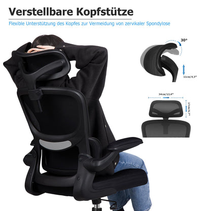 Razzor Ergonomic Office Chair with Adjustable Headrest, Lumbar Support, Mesh Computer Chair with Flip-Up Armrests, Executive Chair with Tilt Function 90°-135°