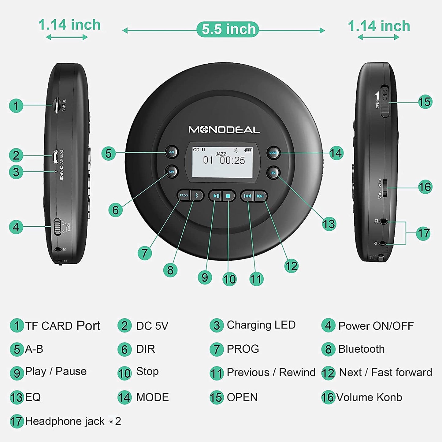 MONODEAL Portable CD Player Bluetooth, Rechargeable Discman for car and kids, Anti-Skip, compact with headphones