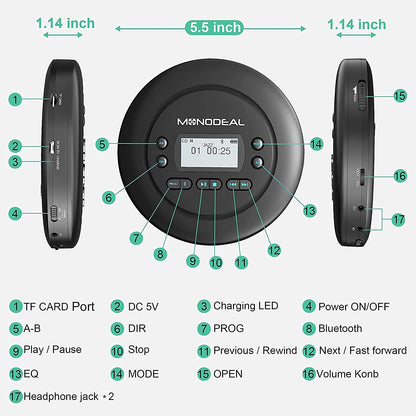 MONODEAL Portable CD Player Bluetooth, Rechargeable Discman for car and kids, Anti-Skip, compact with headphones