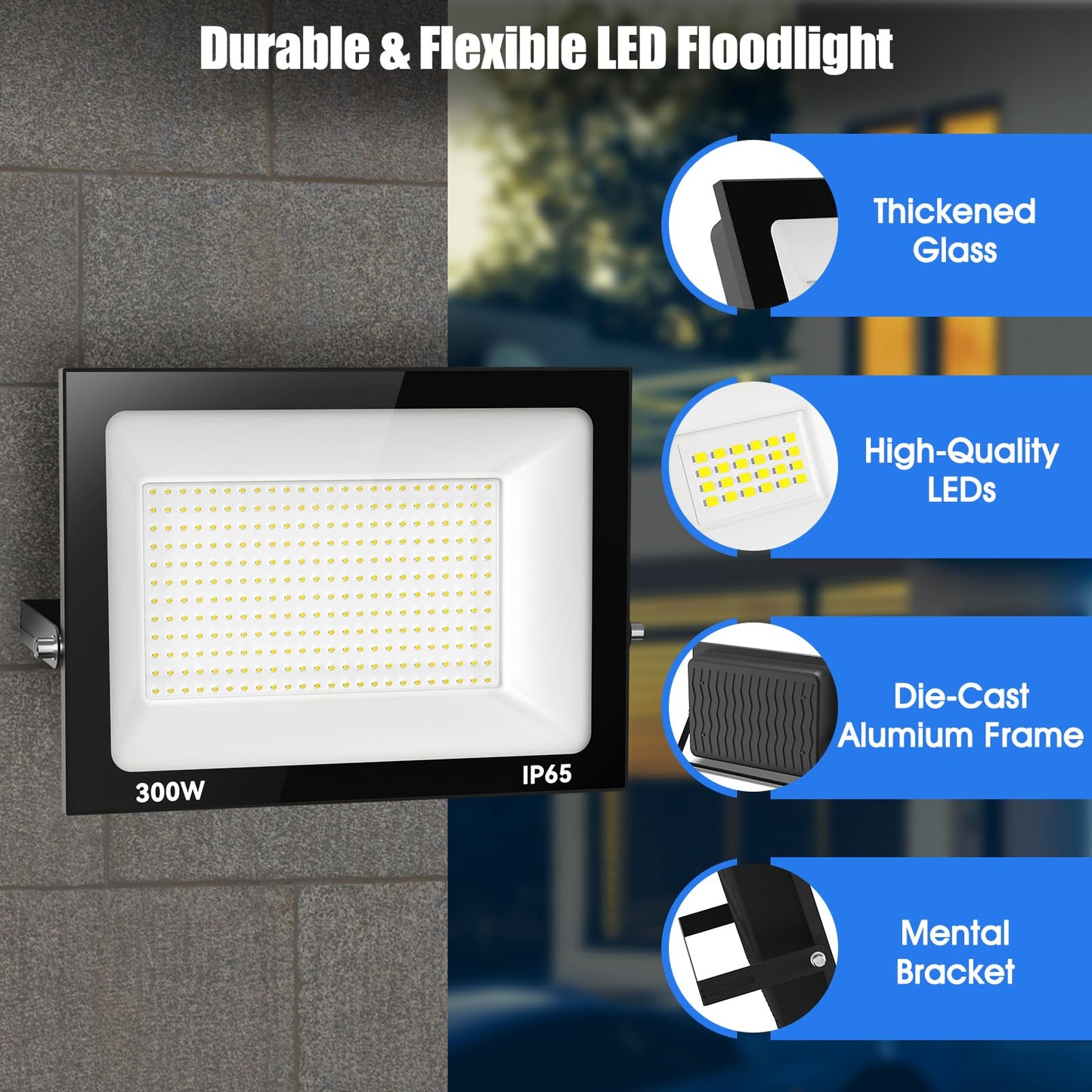 Royana 300W LED Floodlight Outdoor 30000LM Super Bright LED Floodlight 3000K Warm White IP65 Waterproof LED Spotlight, for Sports Field Garage Garden Backyard.