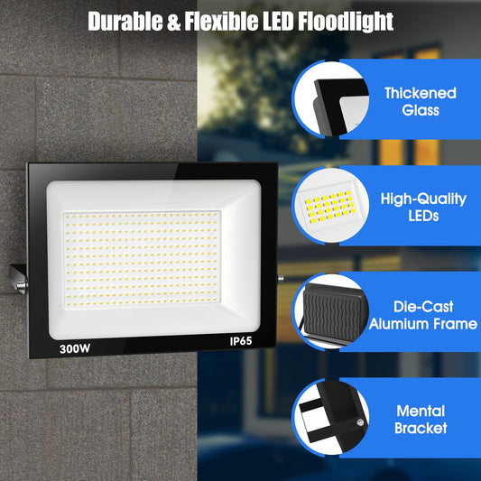 Royana 300W LED Floodlight Outdoor 30000LM Super Bright LED Floodlight 3000K Warm White IP65 Waterproof LED Spotlight, for Sports Field Garage Garden Backyard.